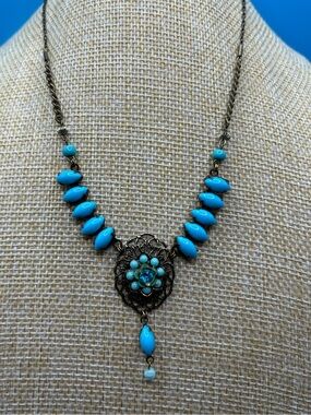 Faux Turquoise Blue Floral Filigree Pendant Necklace - with earrings